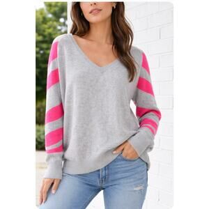 Brodie Cashmere Medium Gray V-Neck Sweater Hot Pink Zebra Stripe Sleeves